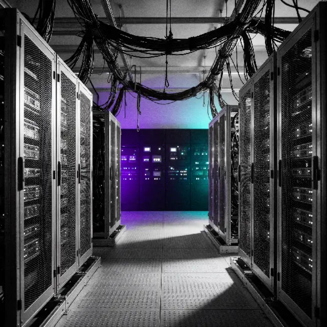 Pasillo de un centro de datos con racks de servidores
