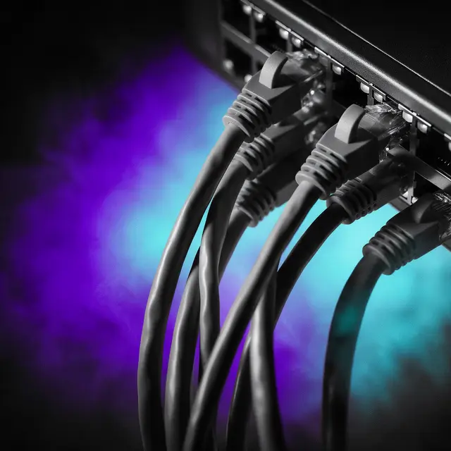 Primer plano de cables de red conectados a un switch con luces encendidas