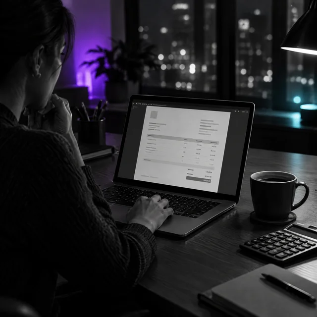 Persona revisando una factura de software en su portátil junto a una taza de café