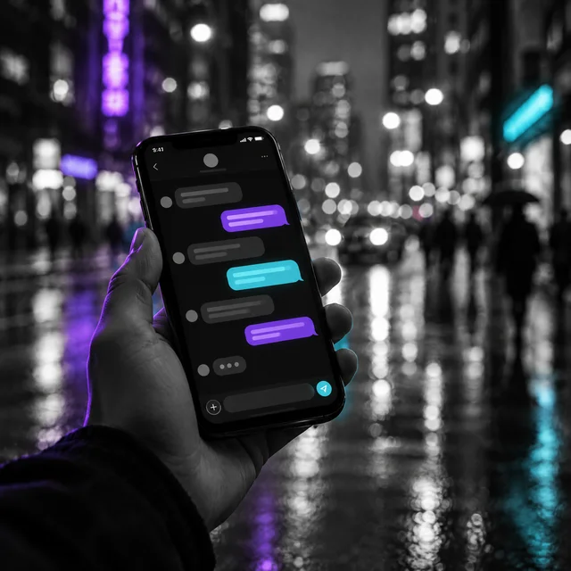 Mano sosteniendo un celular con una aplicación de chat abierta, con una calle de fondo