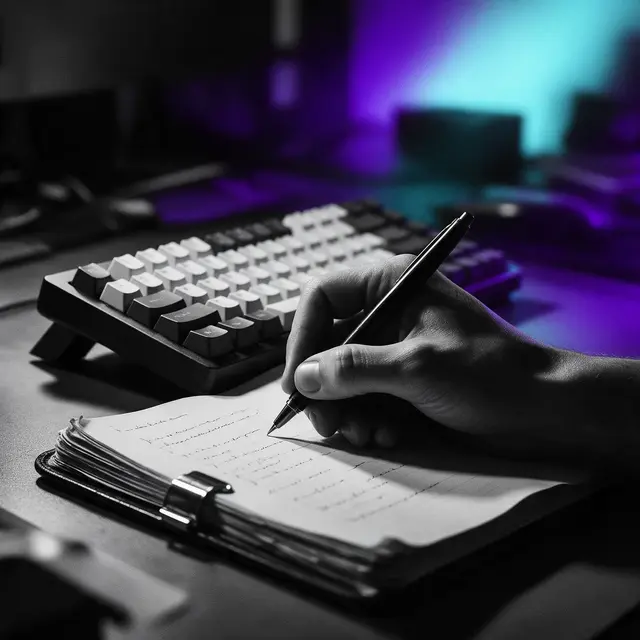 Primer plano de una mano escribiendo instrucciones a mano en una libreta junto a un teclado