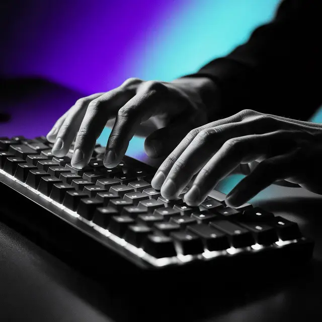 Primer plano de manos sobre un teclado mecánico iluminado