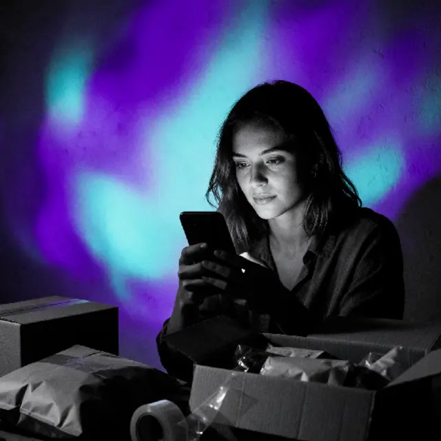 Emprendedora de tienda online revisando su celular entre cajas de pedidos