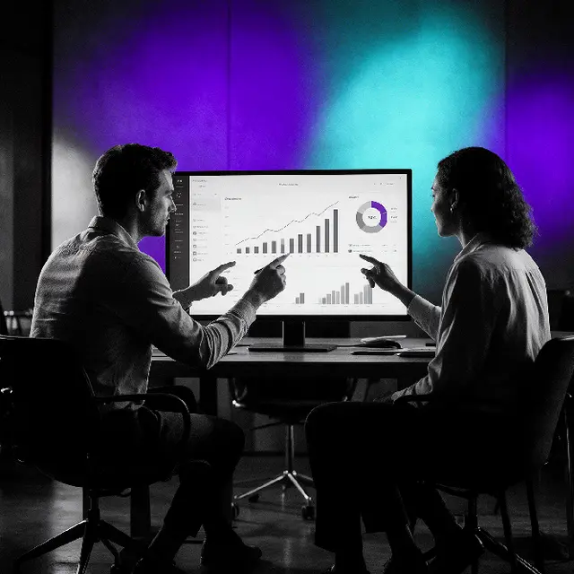 Dos personas revisando un tablero de ventas en un monitor