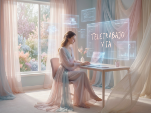 Persona trabajando desde casa con una computadora portátil, asistida por inteligencia artificial, mostrando gráficos y herramientas digitales que facilitan el teletrabajo.